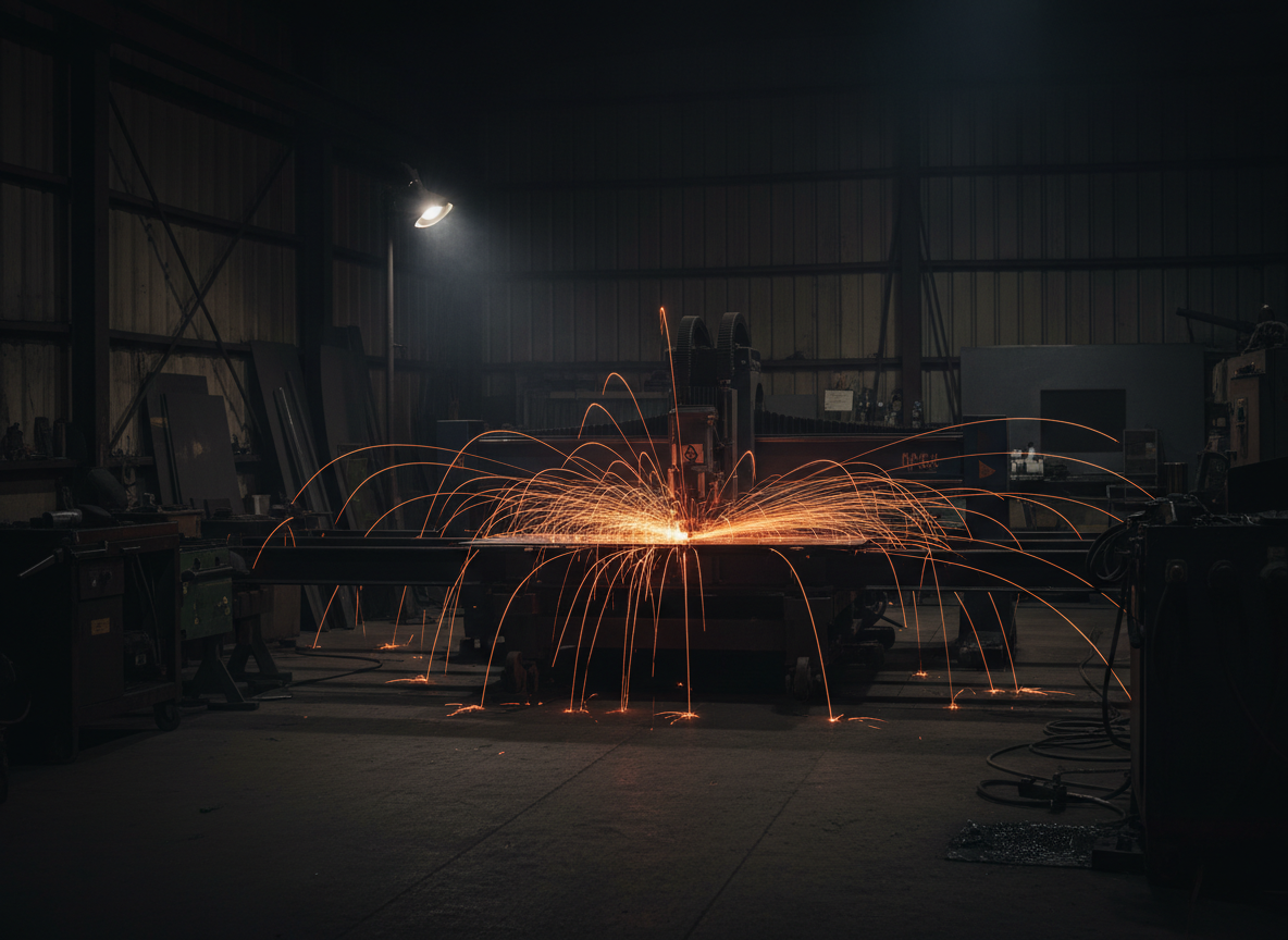 Dark industrial sheet metal fabrication workshop with sparks flying from a CNC fiber laser cutter